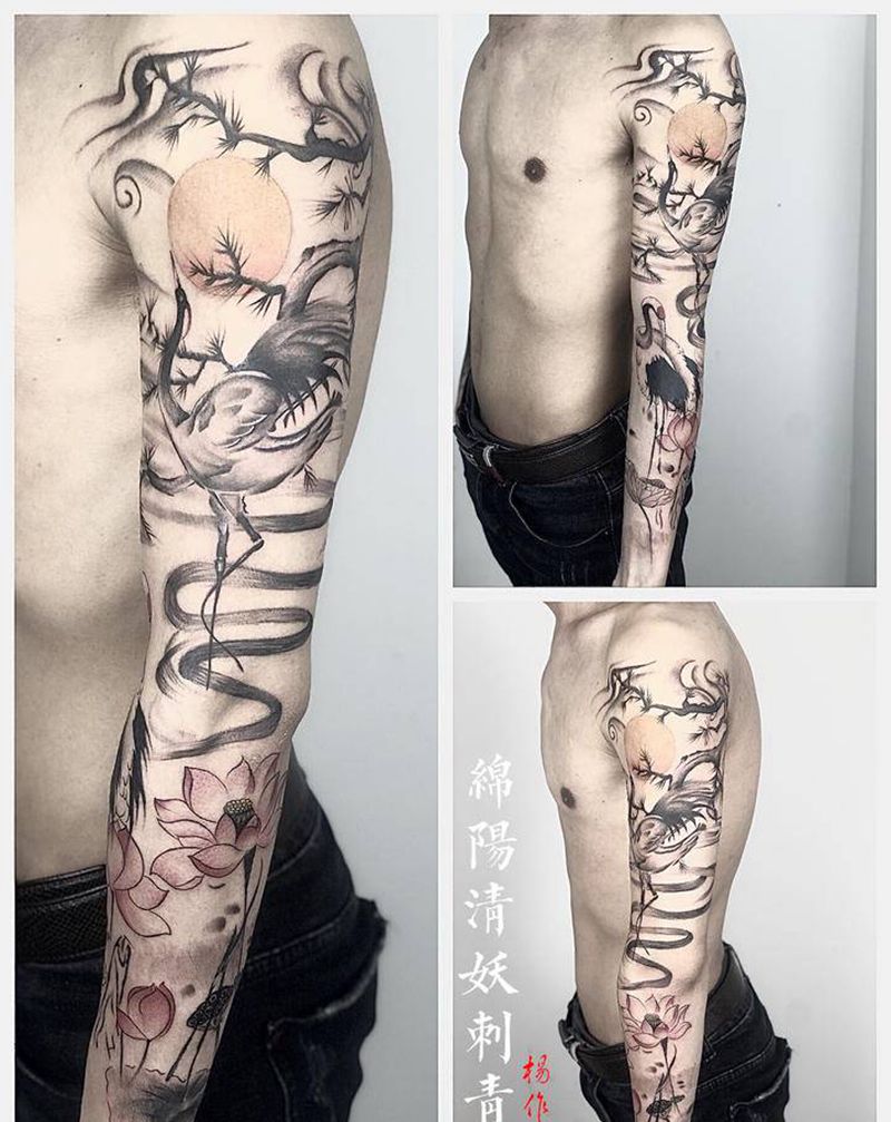 仙鹤花臂纹身图片_臀部背部纹身图案