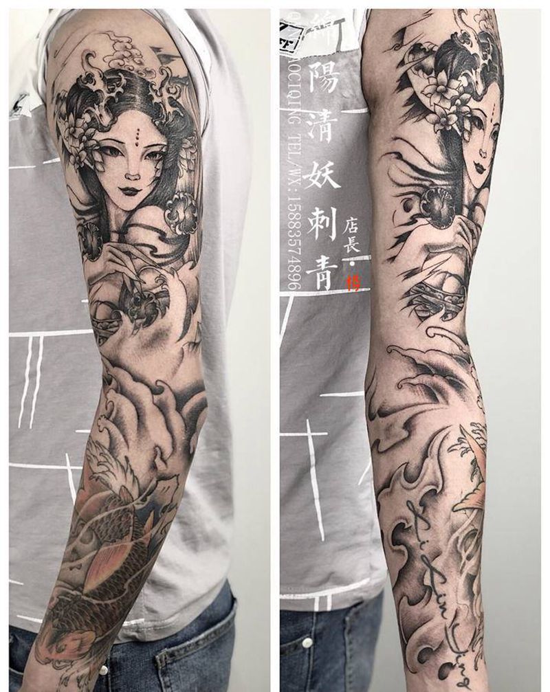 花臂艺伎纹身图片_胸部肩部纹身图案