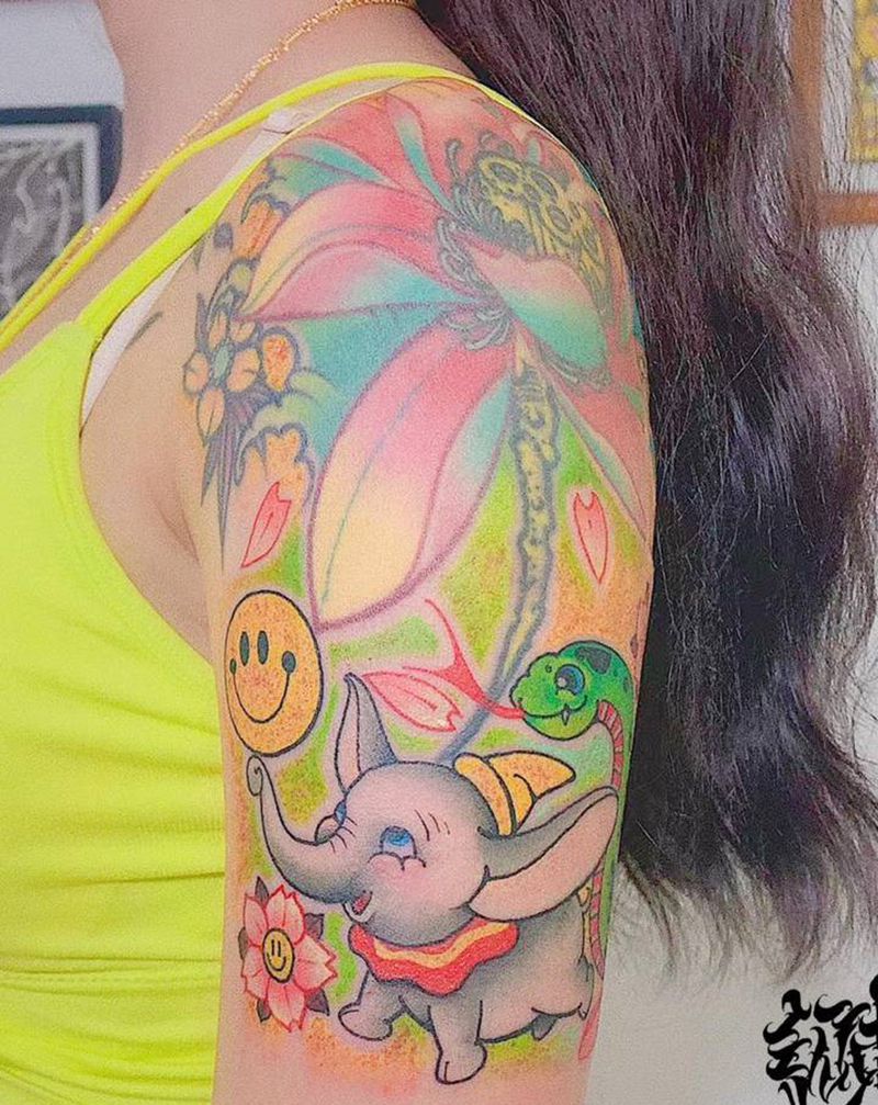 彩象和小蛇蛇荷花纹身图片_手臂纹身图案