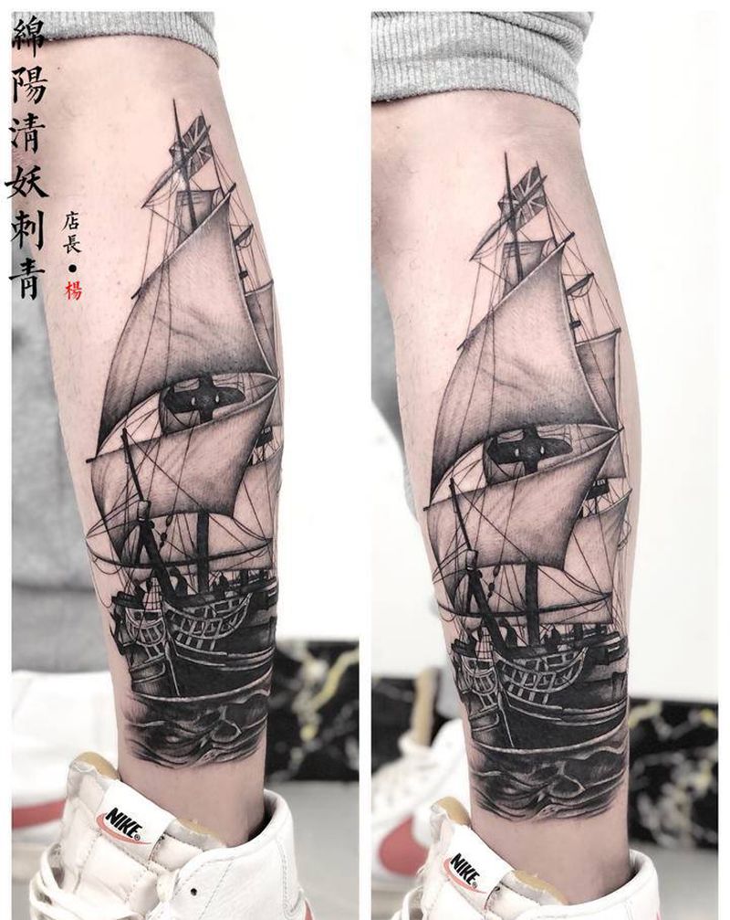 帆船纹身纹身图片_胸部臀部纹身图案