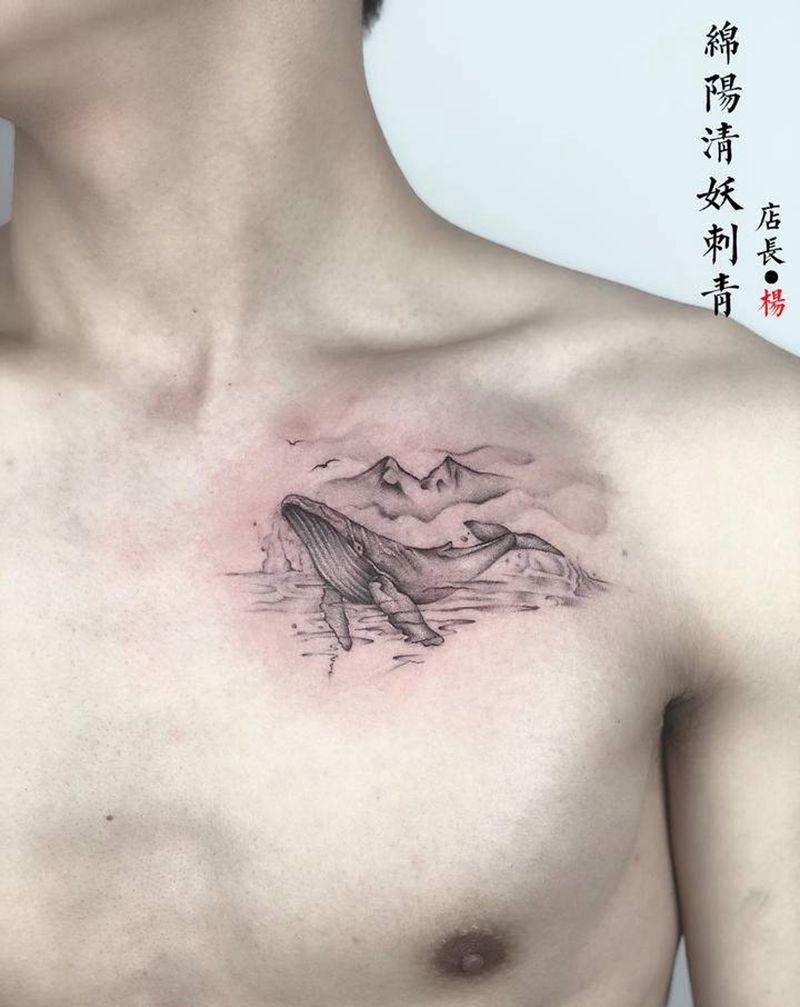 鲸鱼纹身图片_胸部臀部纹身图案