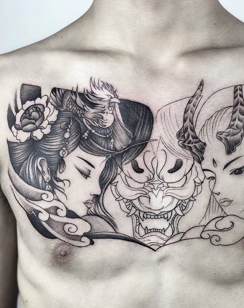 ⭕花胸般若，加龙女凤女，未完成纹身图片_背部臀部纹身图案