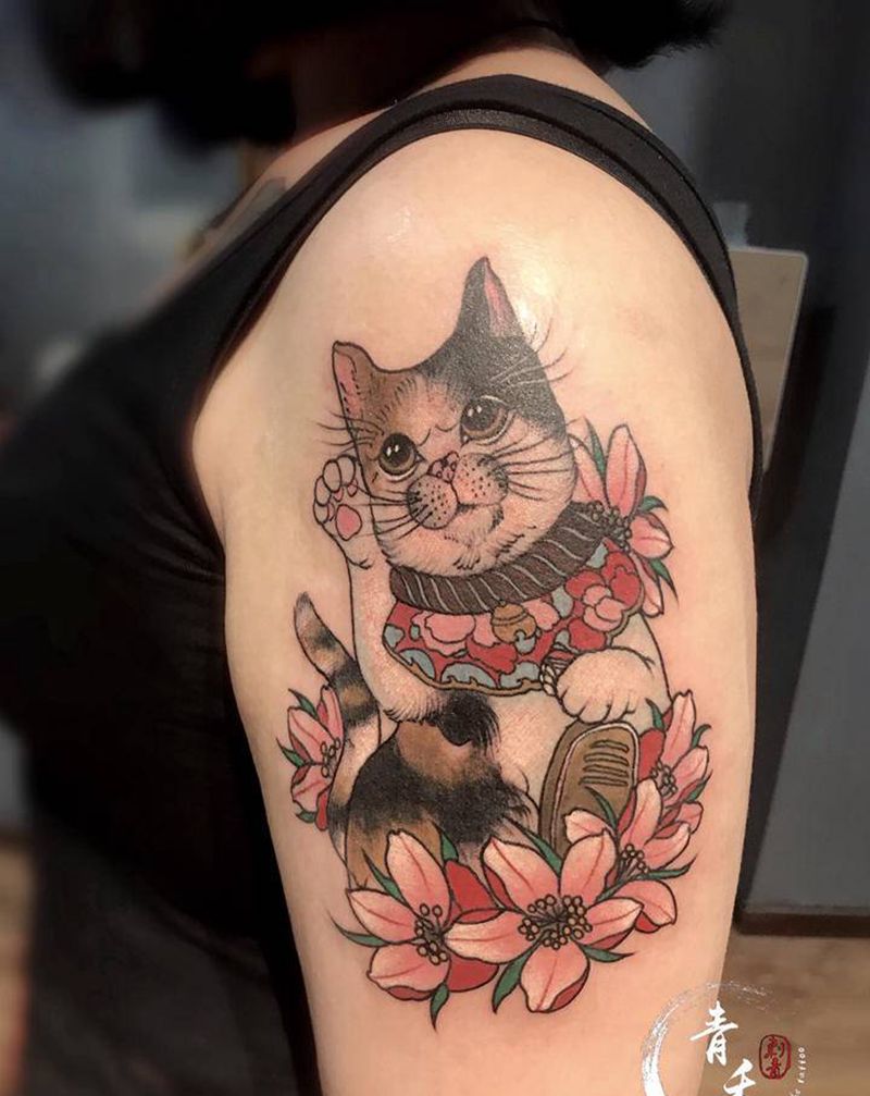 招财猫纹身图片_手臂纹身图案