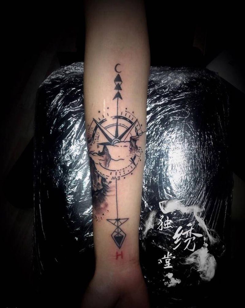 指南针纹身图片_手部手臂纹身图案