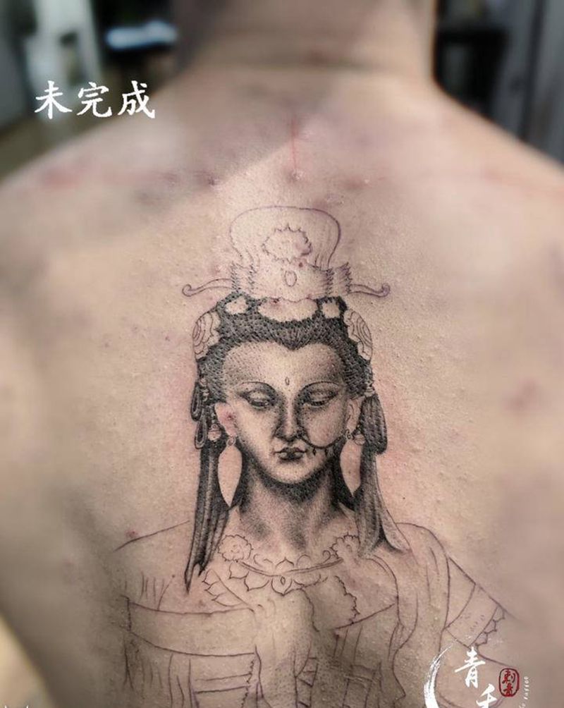 敦煌飞天图未完成纹身图片_背部纹身图案