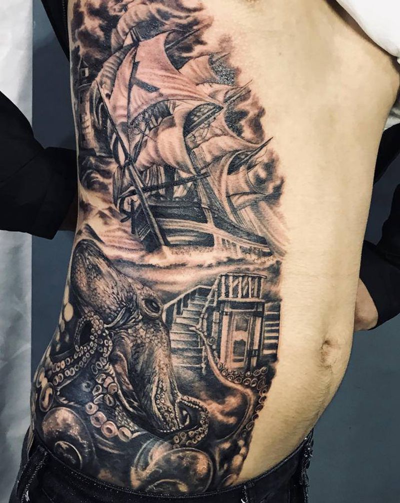 欧美写实纹身图片_腹部腰部纹身图案