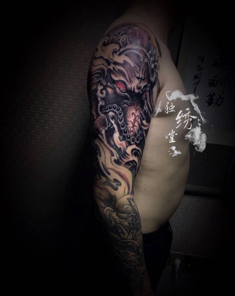 大臂象神遮盖纹身图片_手臂纹身图案