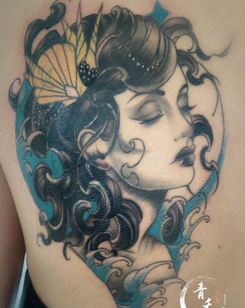 旧图遮盖纹身图片_背部New School纹身图案