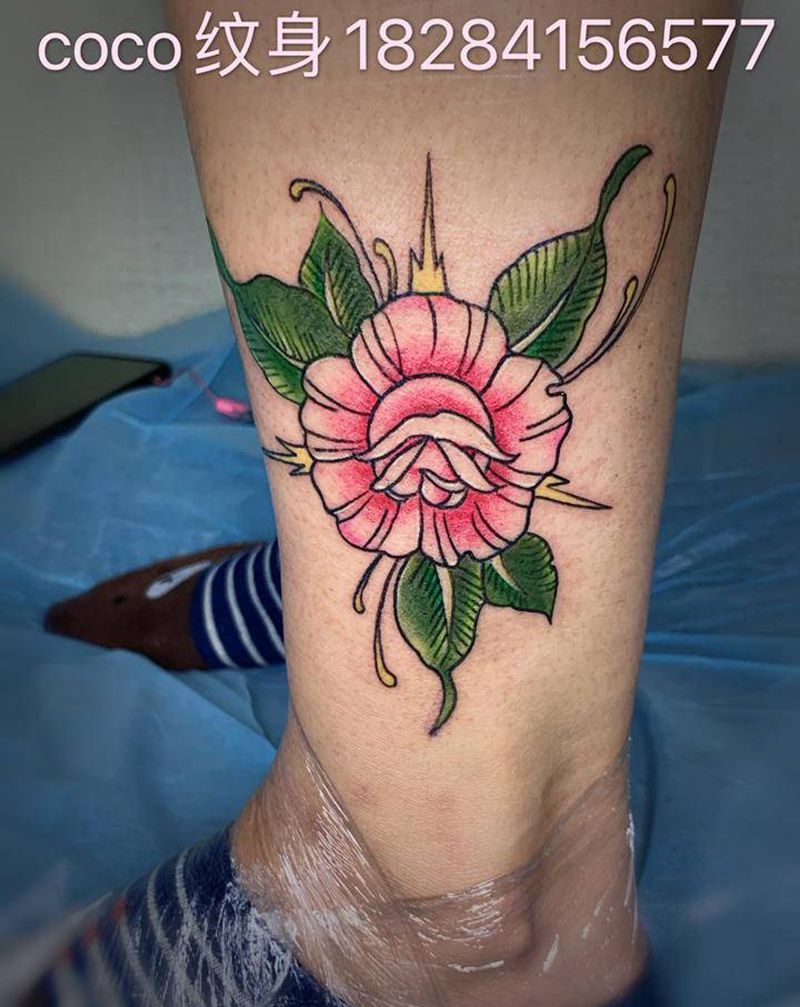 玫瑰纹身图片_腿部纹身图案