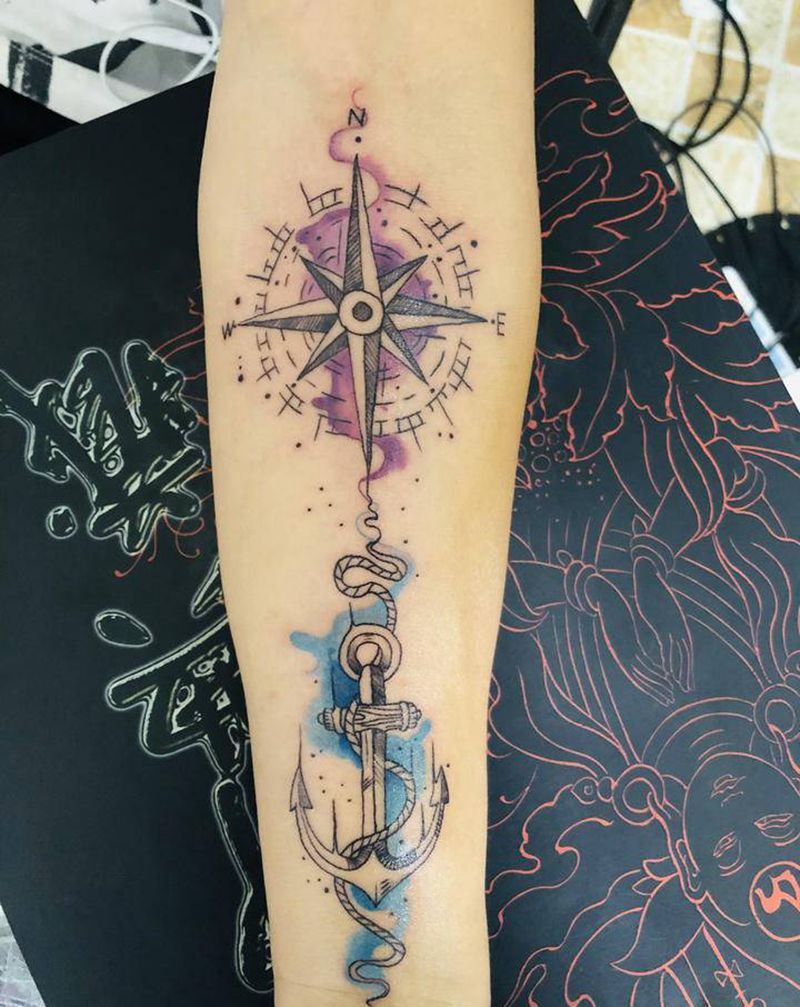 指南针与船锚（方向与成功）纹身图片_手臂新传统纹身图案