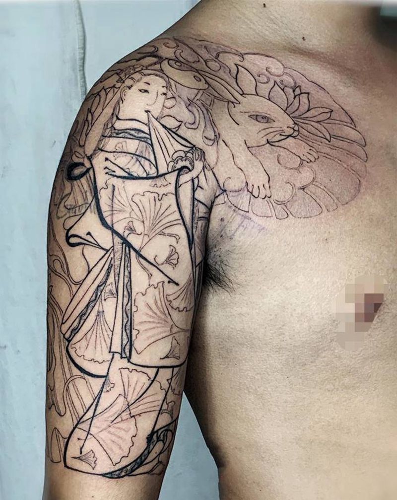 半胛线条部分纹身图片_胸部手臂纹身图案