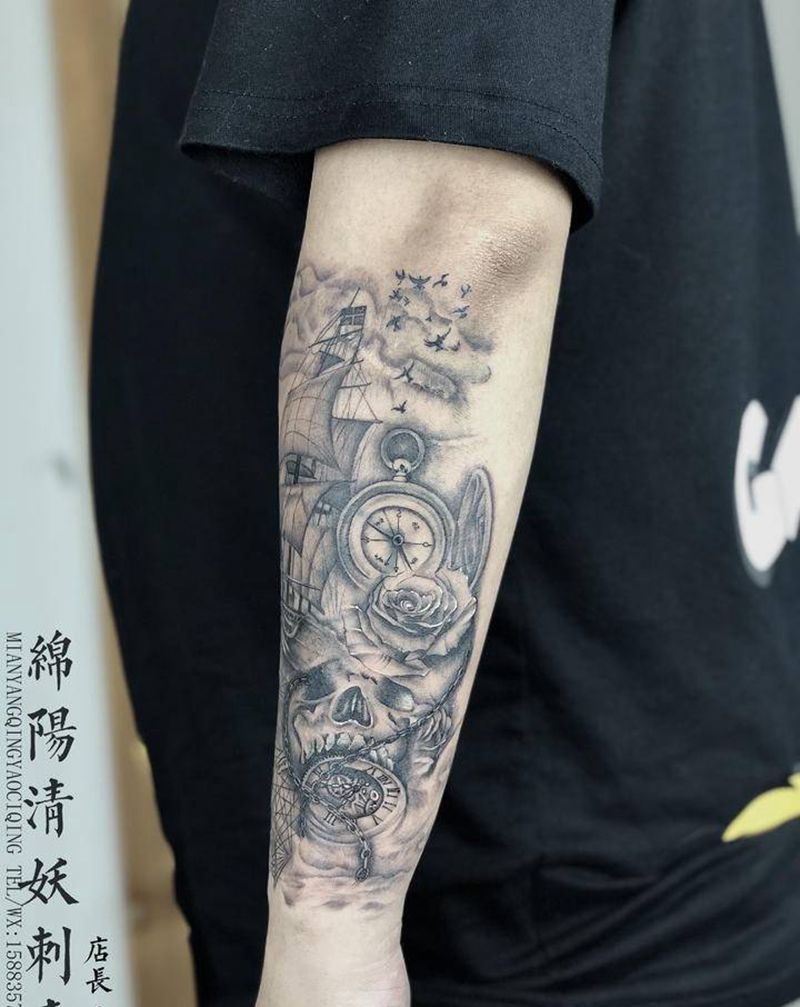 帆船纹身图片_胸部肩部纹身图案