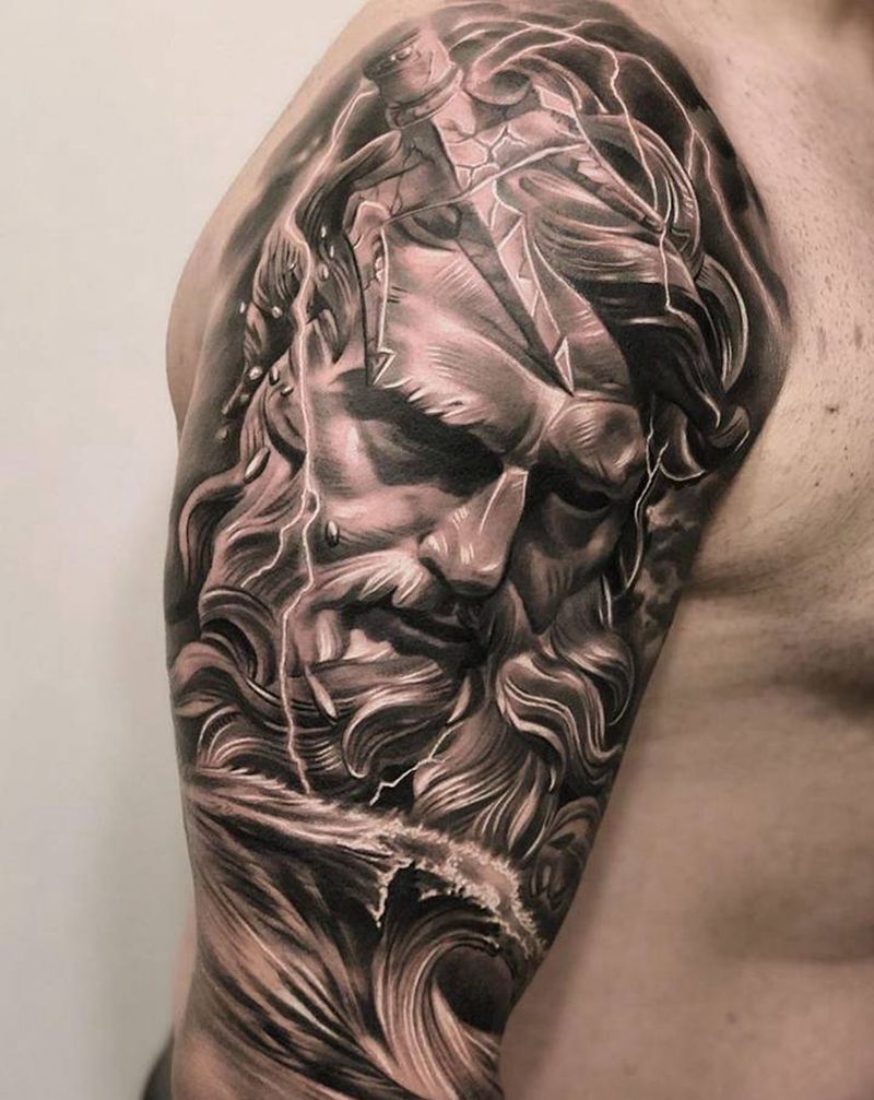 波塞冬纹身图片_手臂波塞冬浪纹身图案