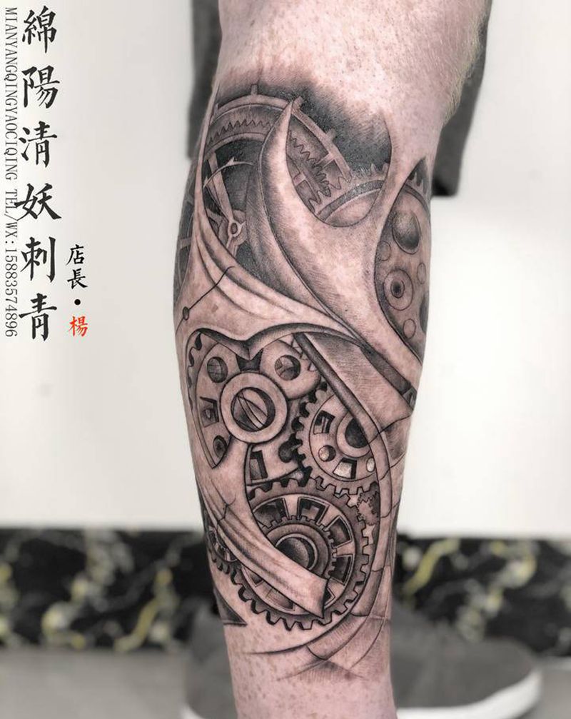 机械小腿纹身图片_胸部肩部纹身图案