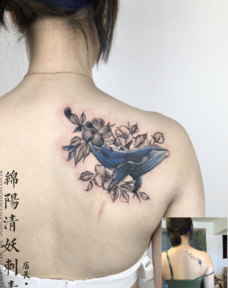今日遮盖作品，鲸鱼纹身纹身图片_胸部肩部纹身图案