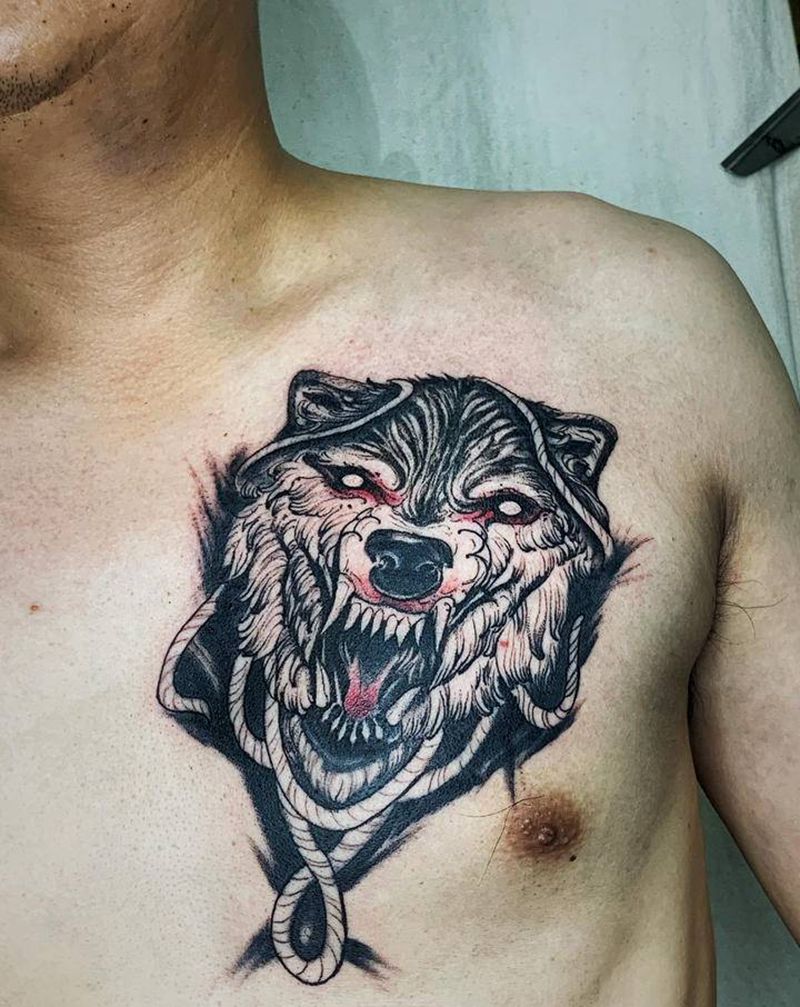 狼纹身图片_胸部纹身图案