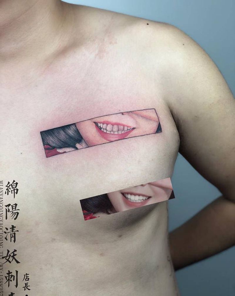 微笑纹身纹身图片_肩部颈部纹身图案