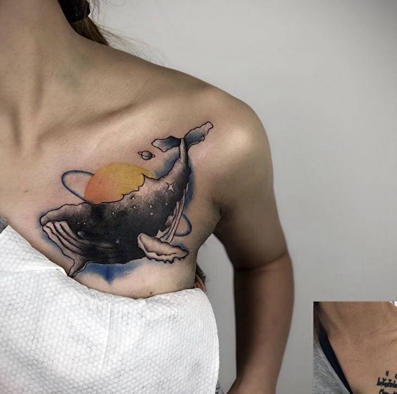 鲸鱼纹身遮盖纹身图片_胸部臀部纹身图案