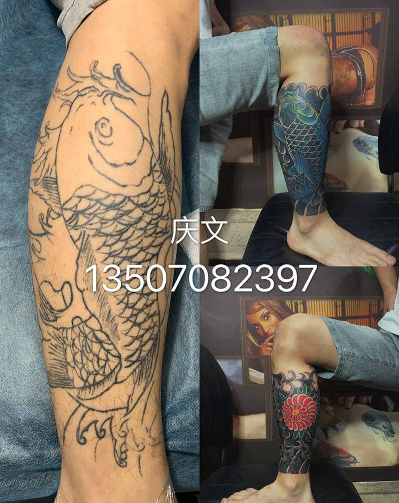 老传统鱼纹身图片_腿部老传统老传统鱼纹身图案