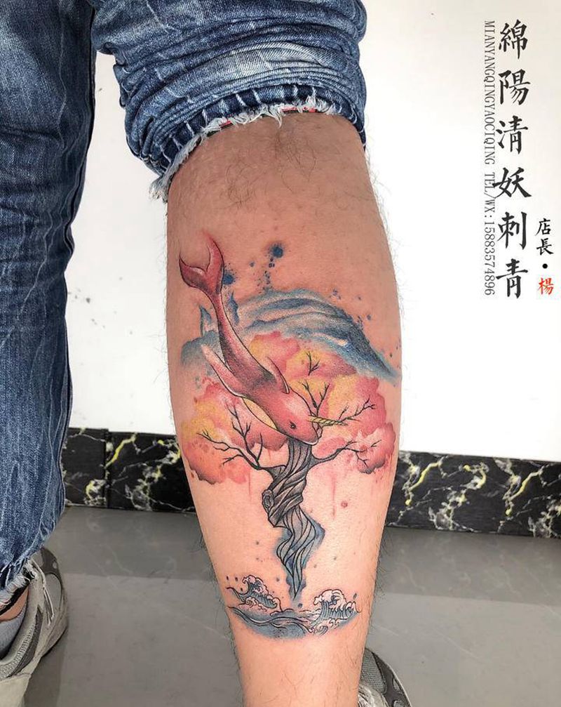 大渔海棠纹身图片_腹部胸部纹身图案