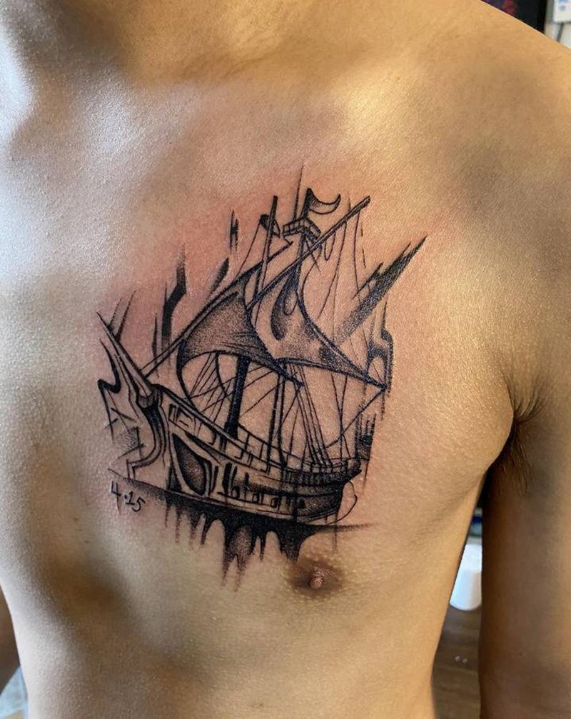 船遮盖情侣纹身纹身图片_胸部肩部新传统点刺纹身图案