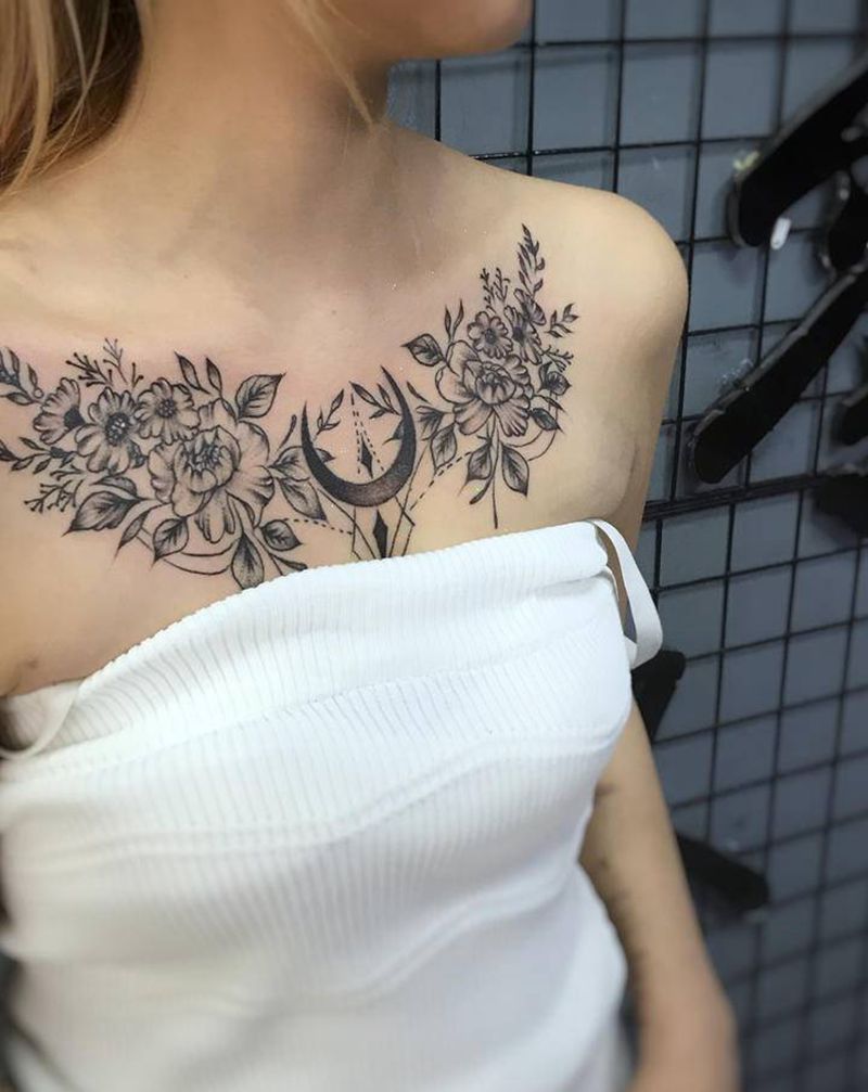 素花纹身图片_胸部纹身图案