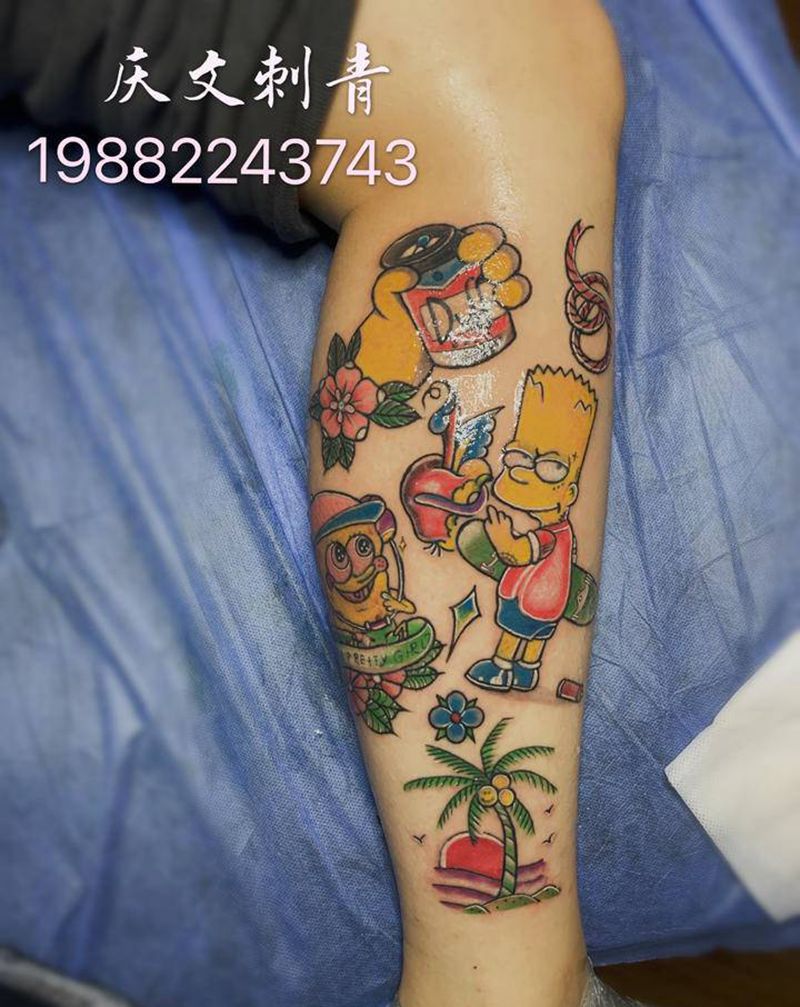 欧美拼接纹身图片_腿部Old School纹身图案