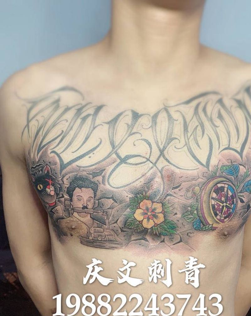 欧美拼接纹身图片_胸部Old School纹身图案