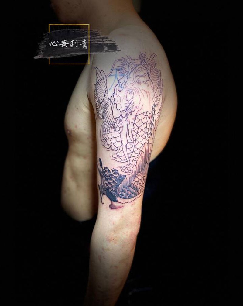 龙鱼纹身图片_手臂新传统纹身图案