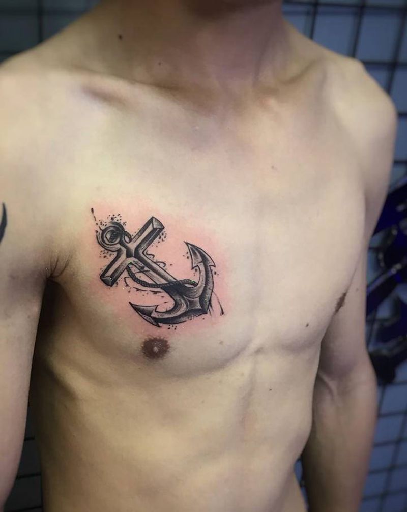 船锚纹身图片_胸部水墨纹身图案