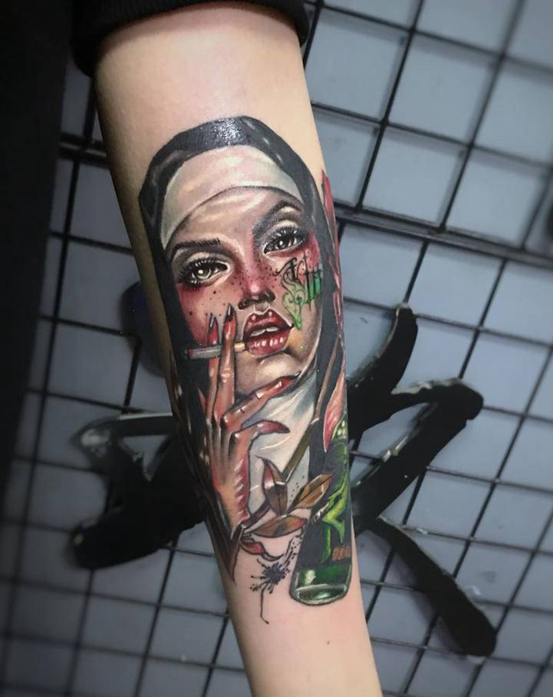 修女纹身图片_手臂New School纹身图案