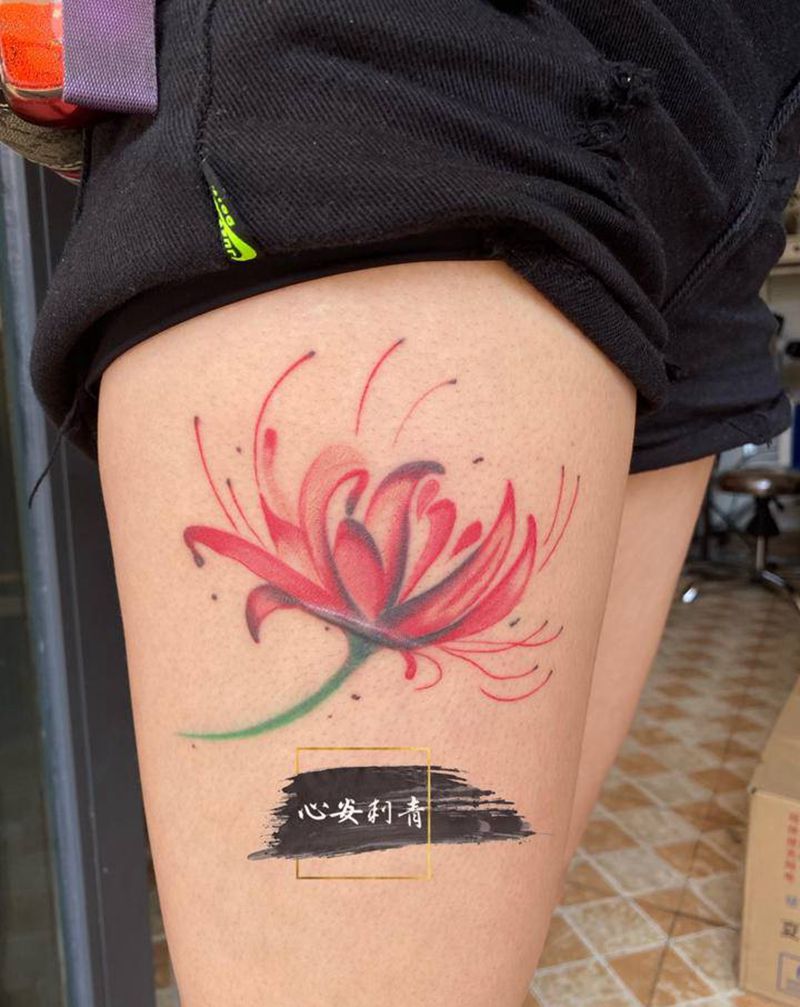 彼岸花恢复后,广元纹身心安刺青纹身图片_腿部臀部新传统水彩纹身图案