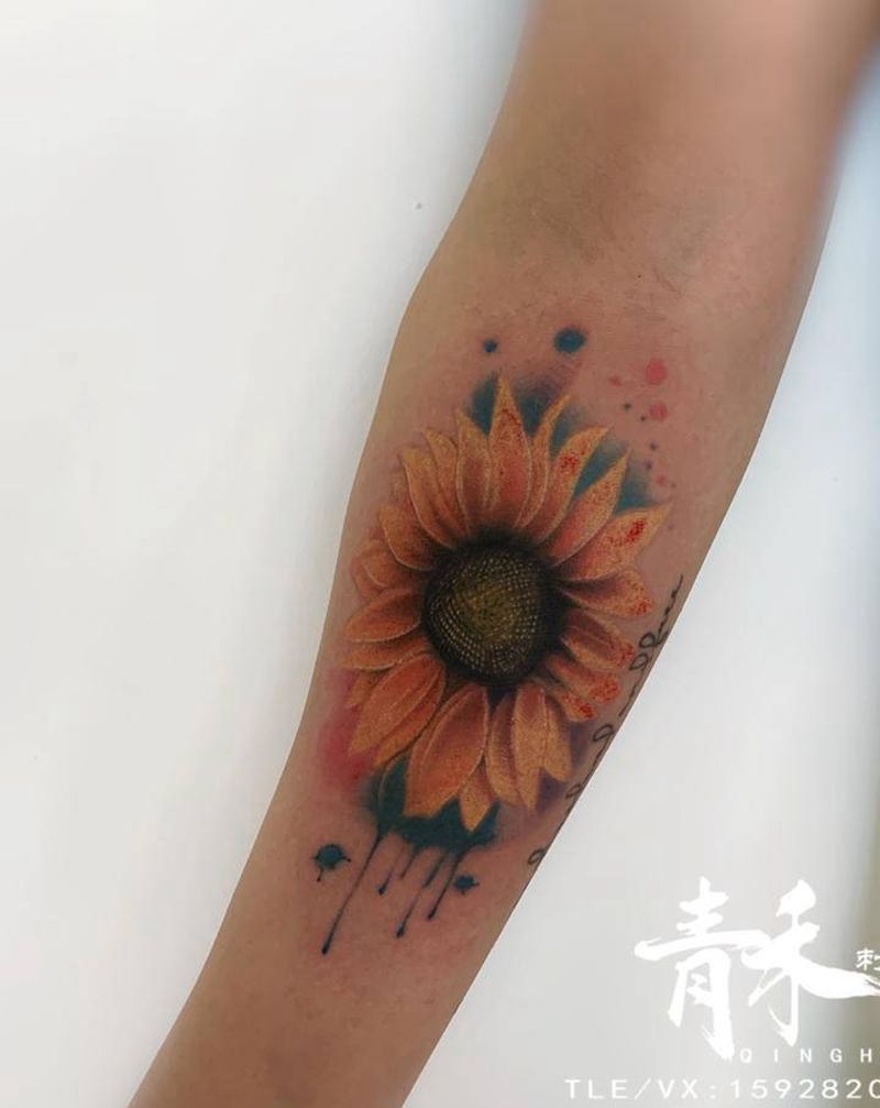 向日葵纹身图片_水彩纹身图案