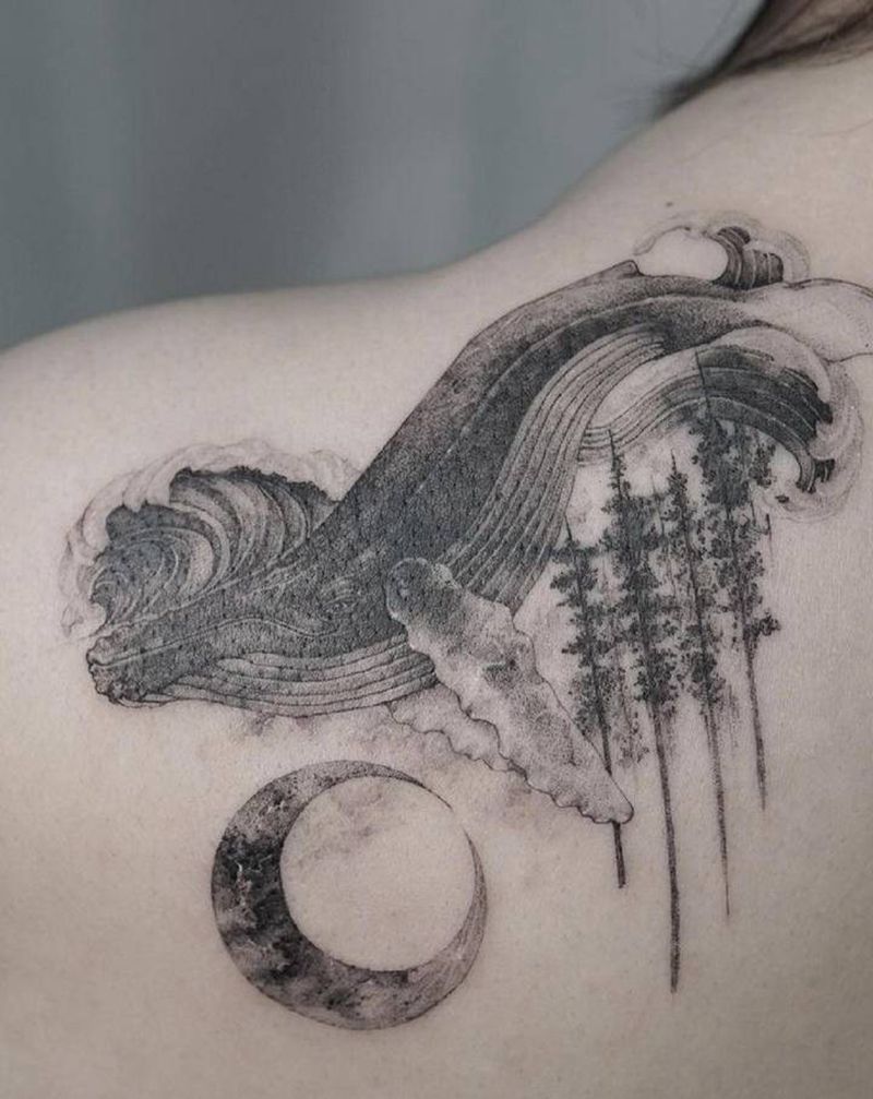 鲸鱼遮盖纹身图片_腿部肩部纹身图案