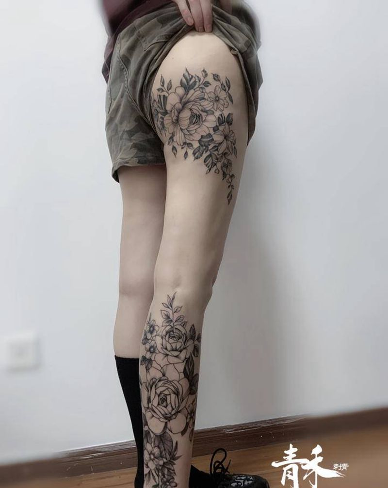 大腿   素花纹身图片_腿部纹身图案