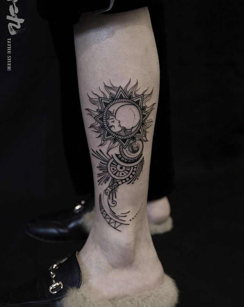 线条纹身图片_腿部几何纹身图案