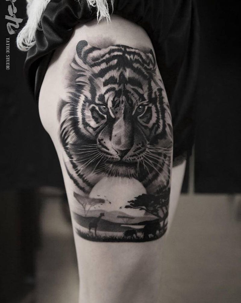 欧美写实老虎纹身图片_腿部欧美写实纹身图案