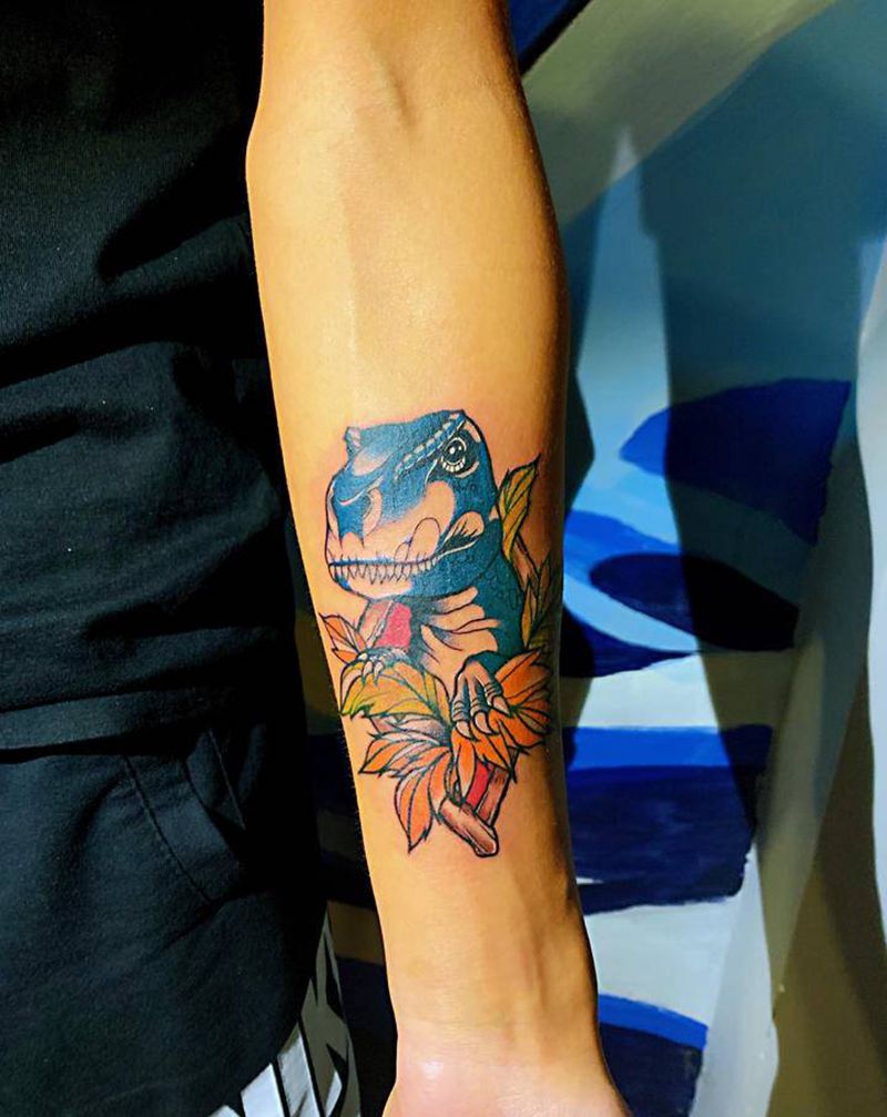 蓝电霸王龙纹身图片_手臂New School纹身图案