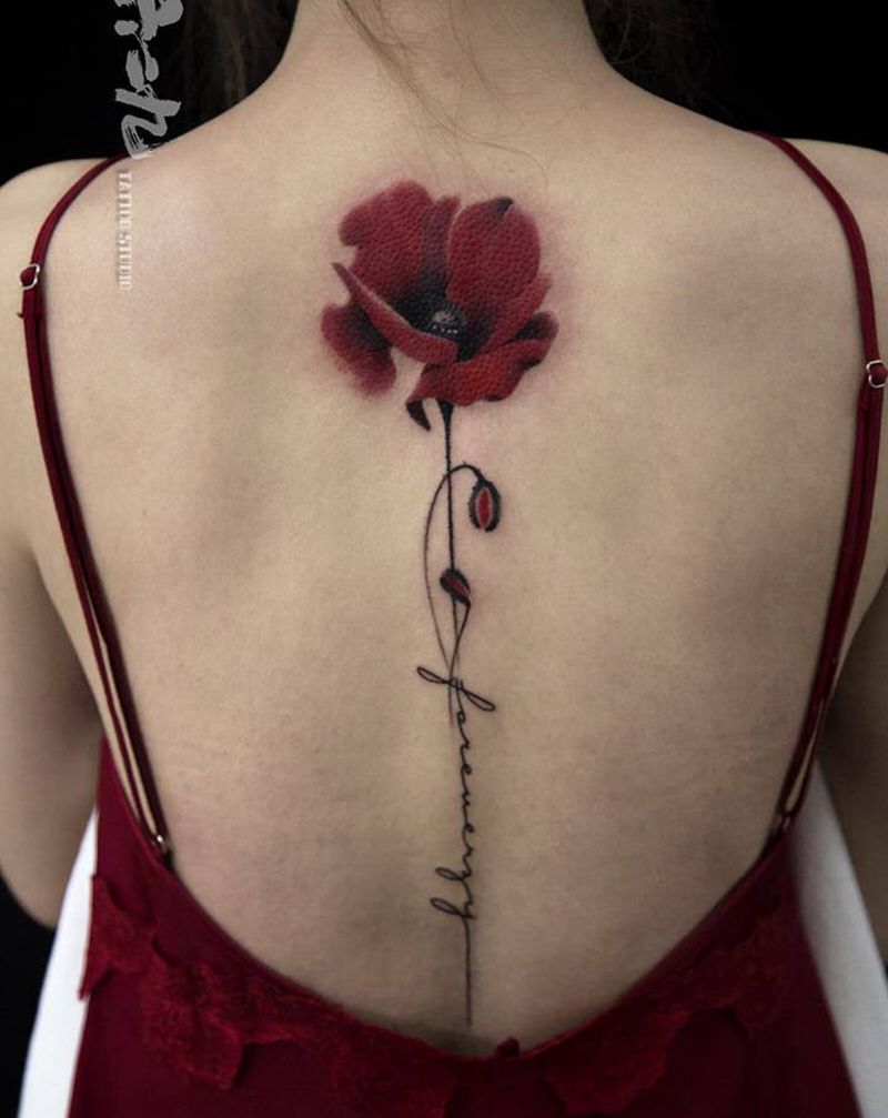 罂粟花纹身图片_背部水彩纹身图案
