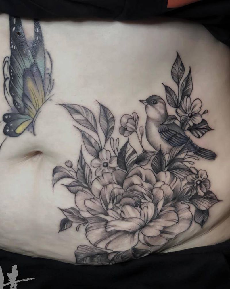 遮盖烫伤疤纹身图片_腰部腹部点刺New School纹身图案