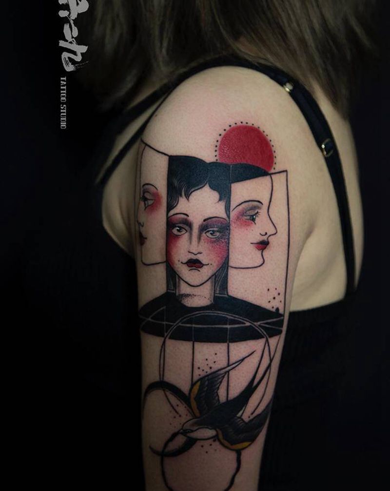 多面娇娃纹身图片_手臂Old School纹身图案