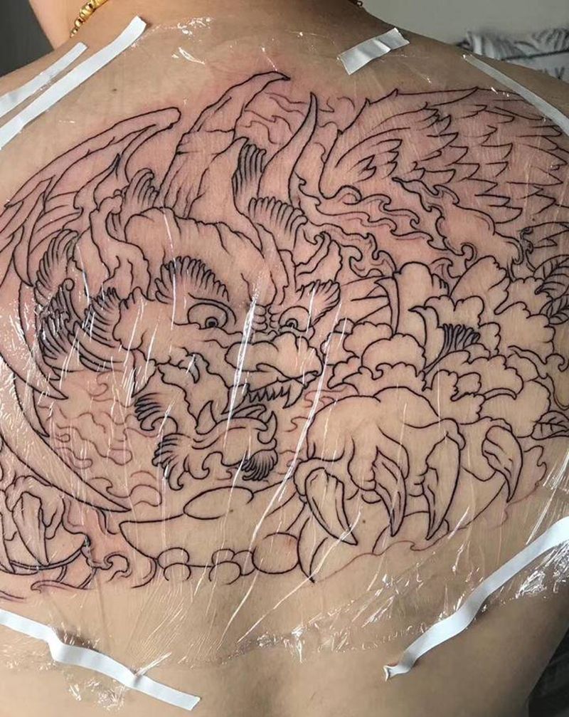 半背貔貅（未上色）纹身图片_背部老传统纹身图案