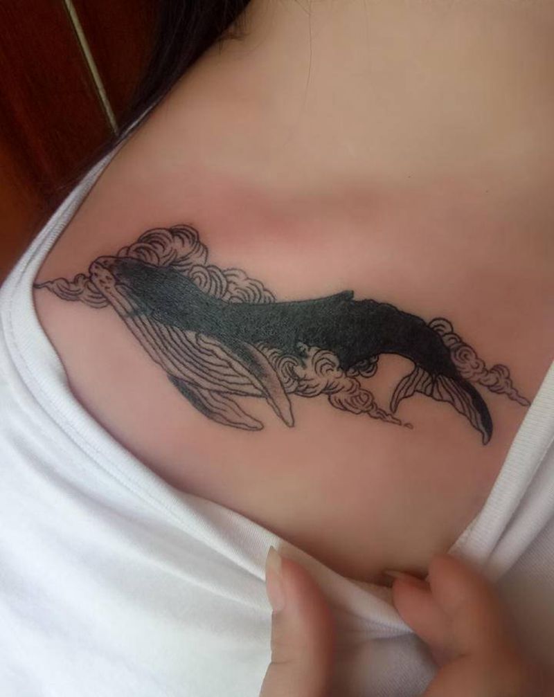 鲸鱼（遮盖）纹身图片_胸部欧美写实纹身图案
