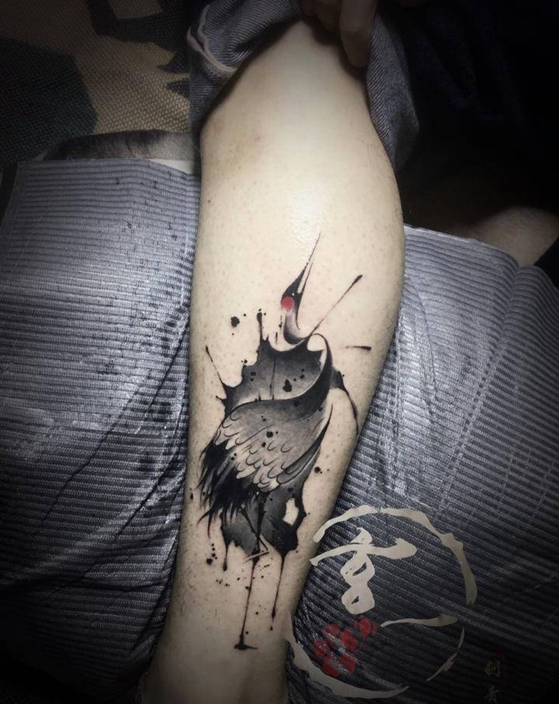 仙鹤纹身图片_腿部纹身图案