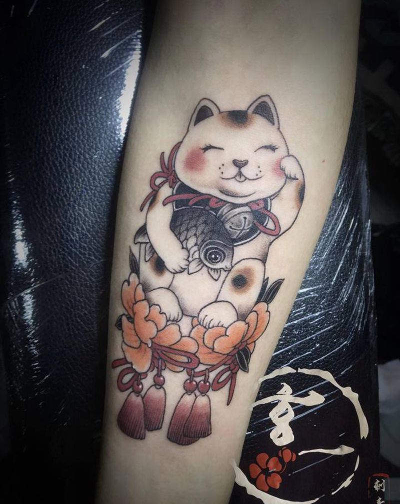 招财猫纹身图片_手臂纹身图案