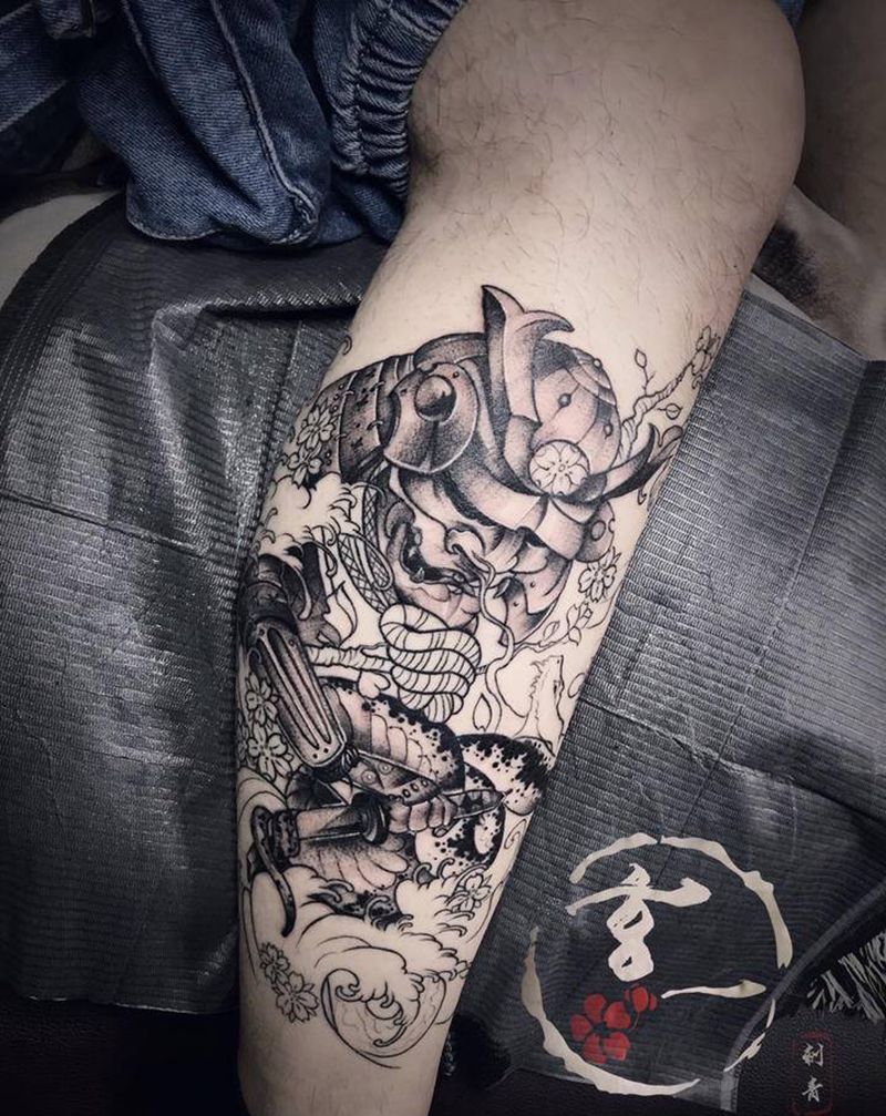 鬼武士未完待续纹身图片_腿部纹身图案