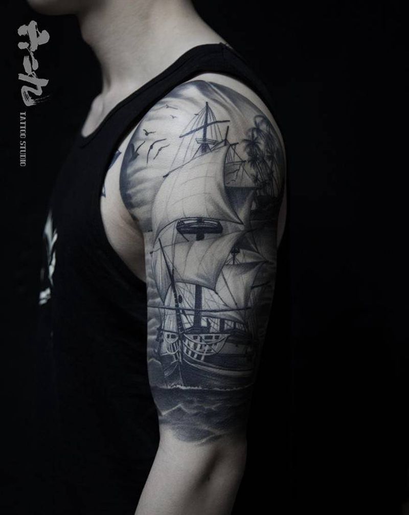 欧美写实帆船恢复后纹身图片_手臂欧美写实纹身图案