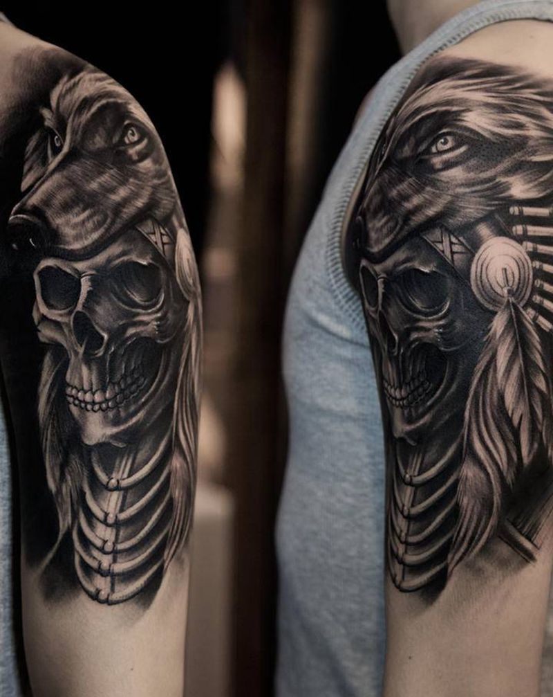 印第安骷髅纹身图片_手臂新传统纹身图案