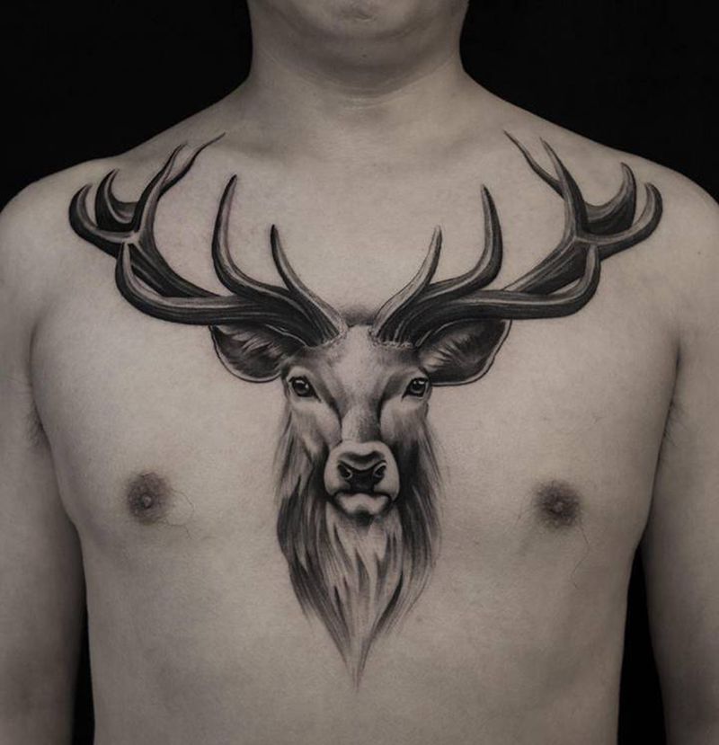 花胸·鹿纹身图片_胸部新传统纹身图案