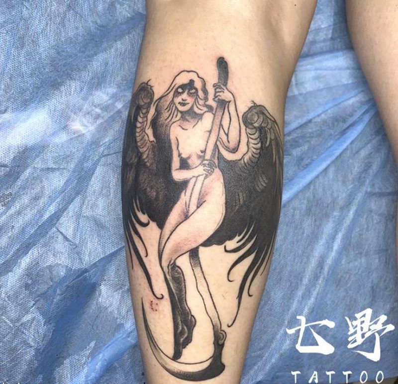 暗黑堕落天使纹身图片_腿部纹身图案